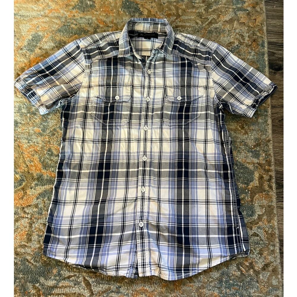 INC Plaid Short Sleeve Button-Down Shirt | Blue Gray | Men’s Size M